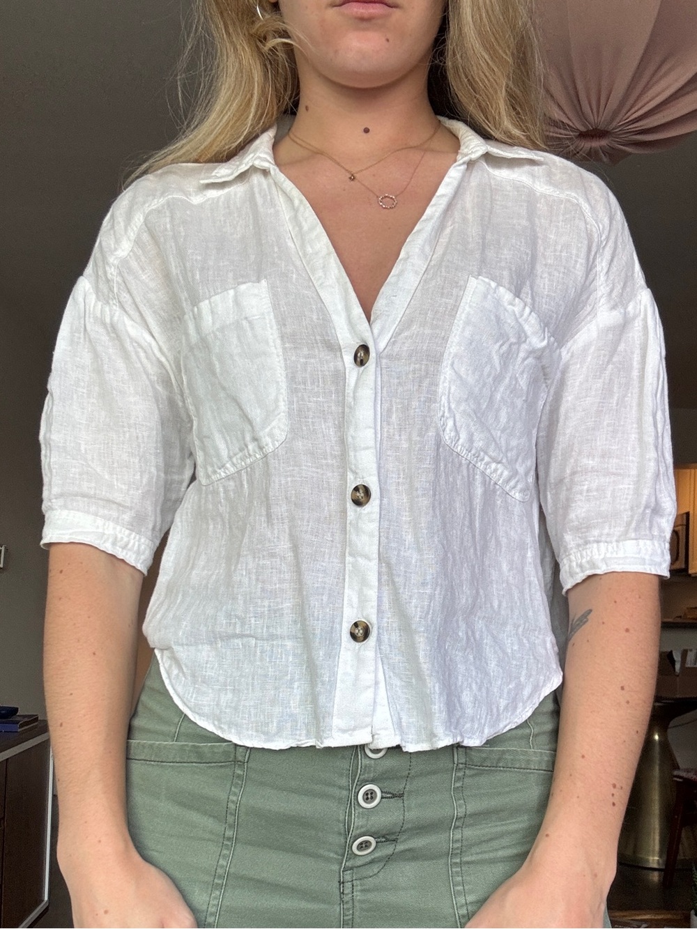 Zara White Short-Sleeve Button Down Linen Shirt